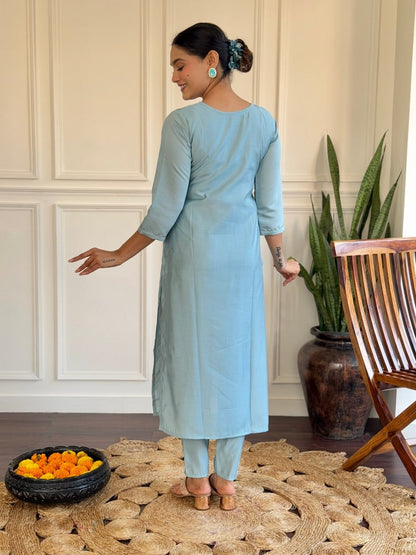 Sky Blue Vichitra Silk Embroidered Straight Kurta Set | Elegant Ethnic Wear by Femenica - Femenica