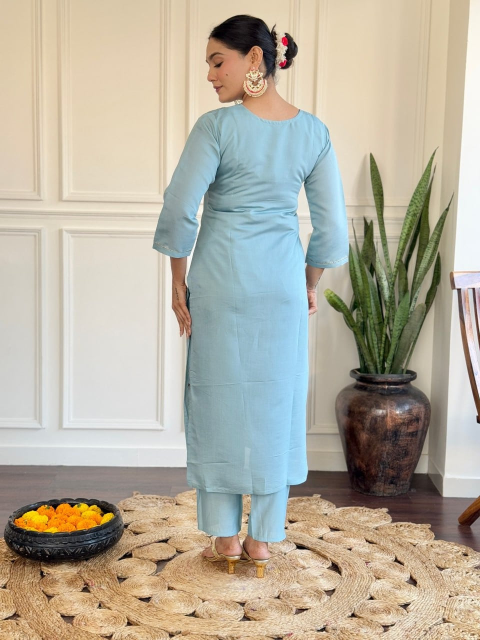 Sky Blue Viscose Chanderi Embroidered Kurta Set with Jacquard Butti Dupatta | Femenica - Femenica