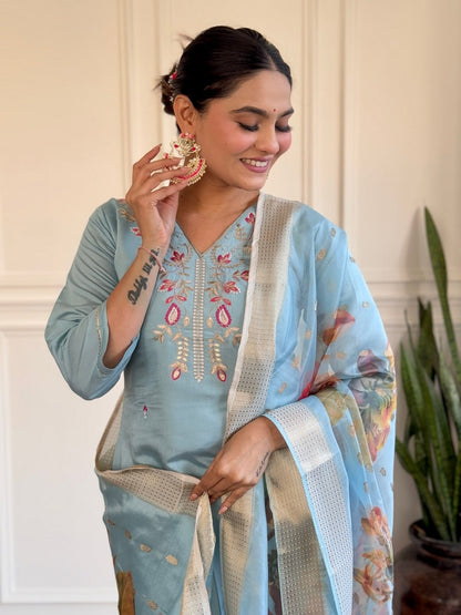 Sky Blue Viscose Chanderi Embroidered Kurta Set with Jacquard Butti Dupatta | Femenica - Femenica