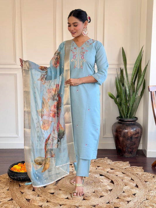 Sky Blue Viscose Chanderi Embroidered Kurta Set with Jacquard Butti Dupatta | Femenica - Femenica