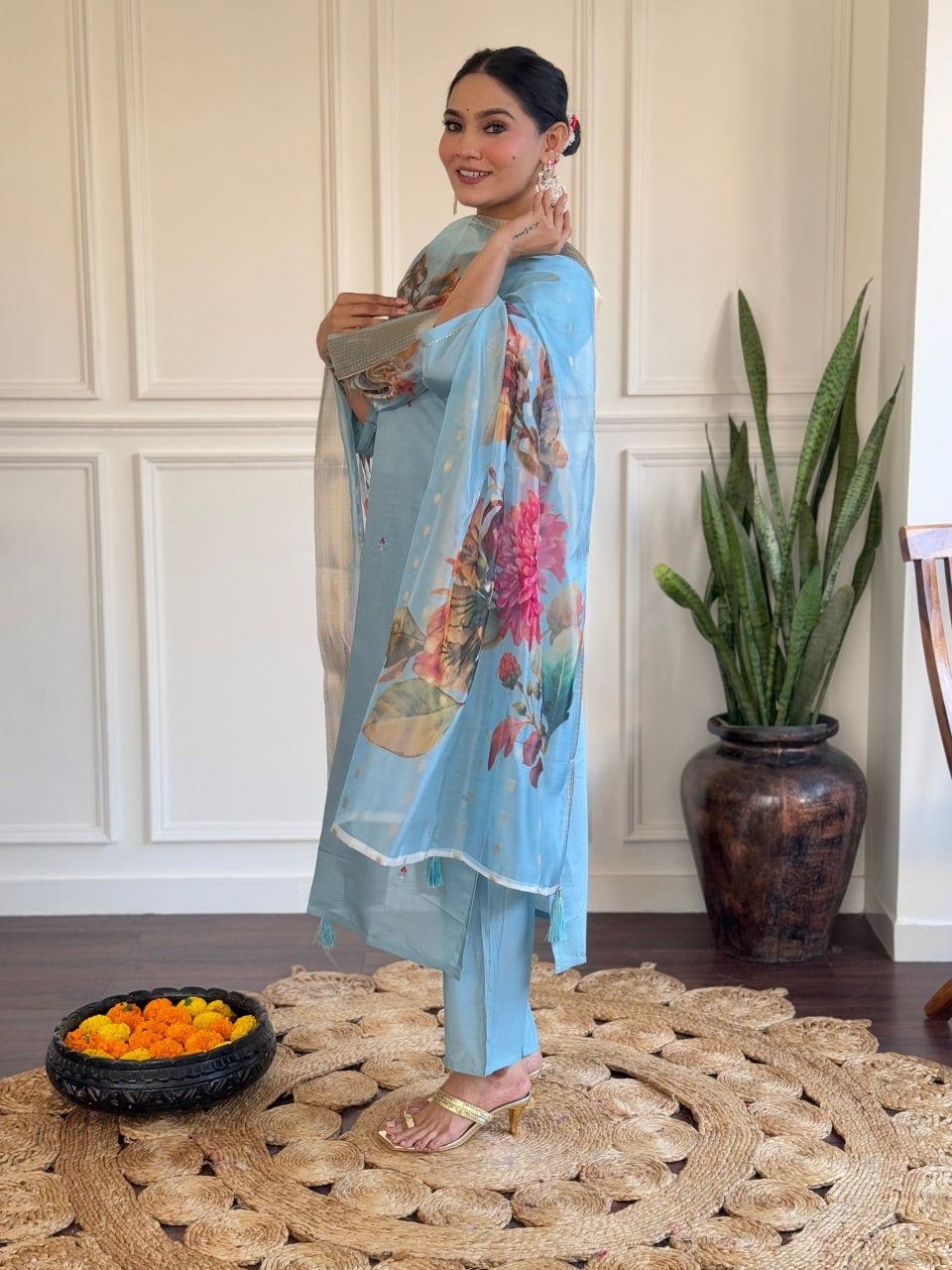 Sky Blue Viscose Chanderi Embroidered Kurta Set with Jacquard Butti Dupatta | Femenica - Femenica