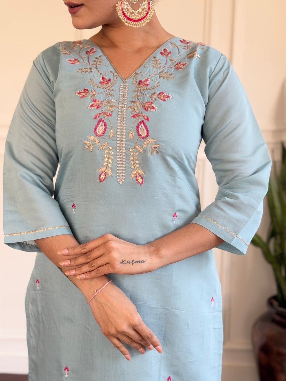 Sky Blue Viscose Chanderi Embroidered Kurta Set with Jacquard Butti Dupatta | Femenica - Femenica