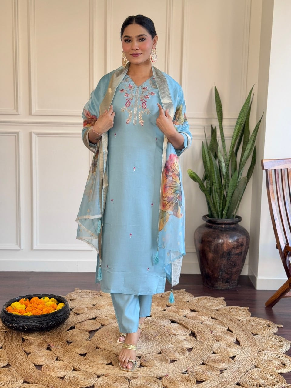 Sky Blue Viscose Chanderi Embroidered Kurta Set with Jacquard Butti Dupatta | Femenica - Femenica