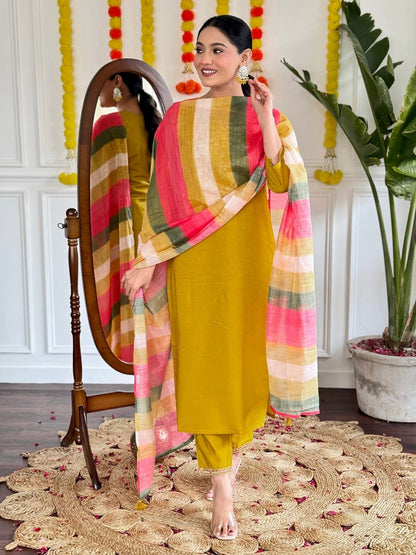 Viscose Chanderi Embroidered Suit with Linen Dupatta | Elegant Ethnic Wear by Femenica - Femenica