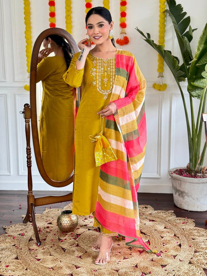 Viscose Chanderi Embroidered Suit with Linen Dupatta | Elegant Ethnic Wear by Femenica - Femenica