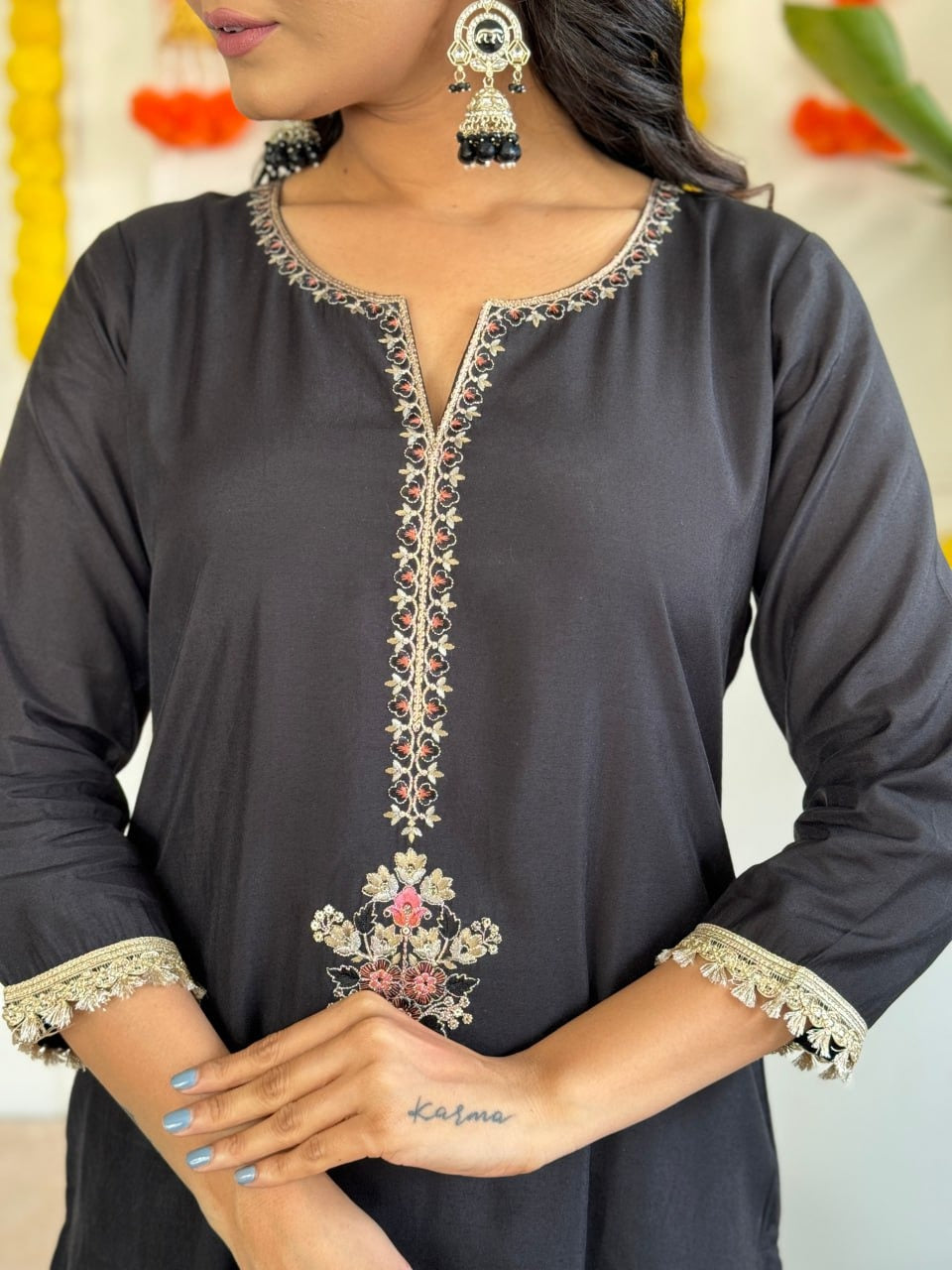 Embroidered French Crepe Black Kurti with Nazmeen Dupatta | Elegant Ethnic Wear by Femenica - Femenica