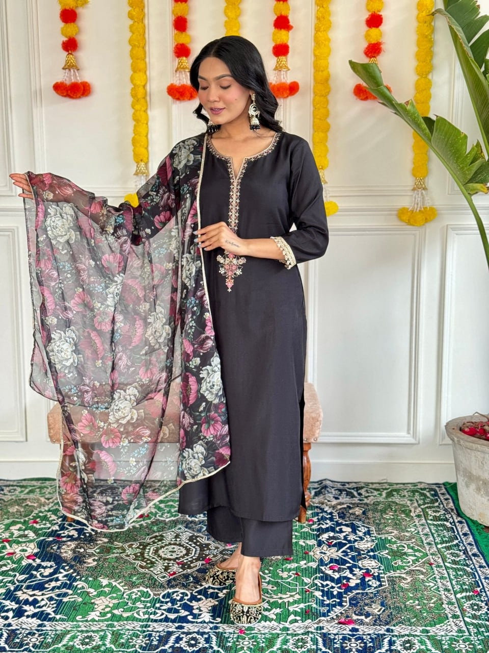 Embroidered French Crepe Black Kurti with Nazmeen Dupatta | Elegant Ethnic Wear by Femenica - Femenica