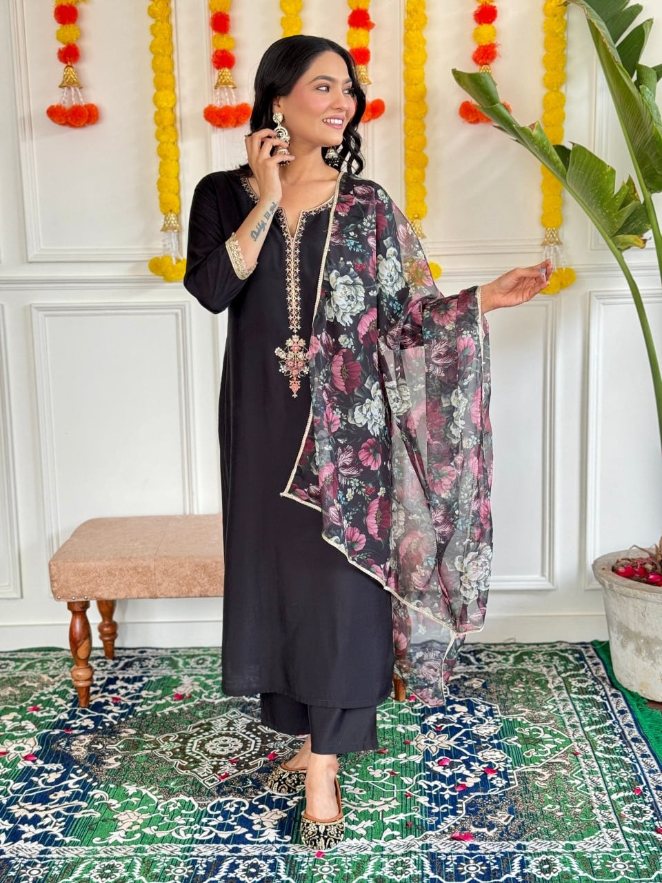 Embroidered French Crepe Black Kurti with Nazmeen Dupatta | Elegant Ethnic Wear by Femenica - Femenica