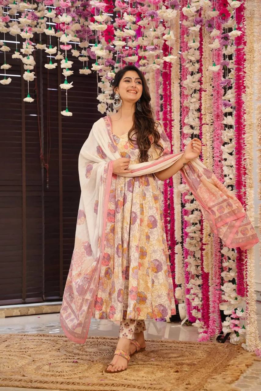 Charming Cotton Printed Off-White Anarkali Gown by Femenica | Ethereal Elegance - Femenica