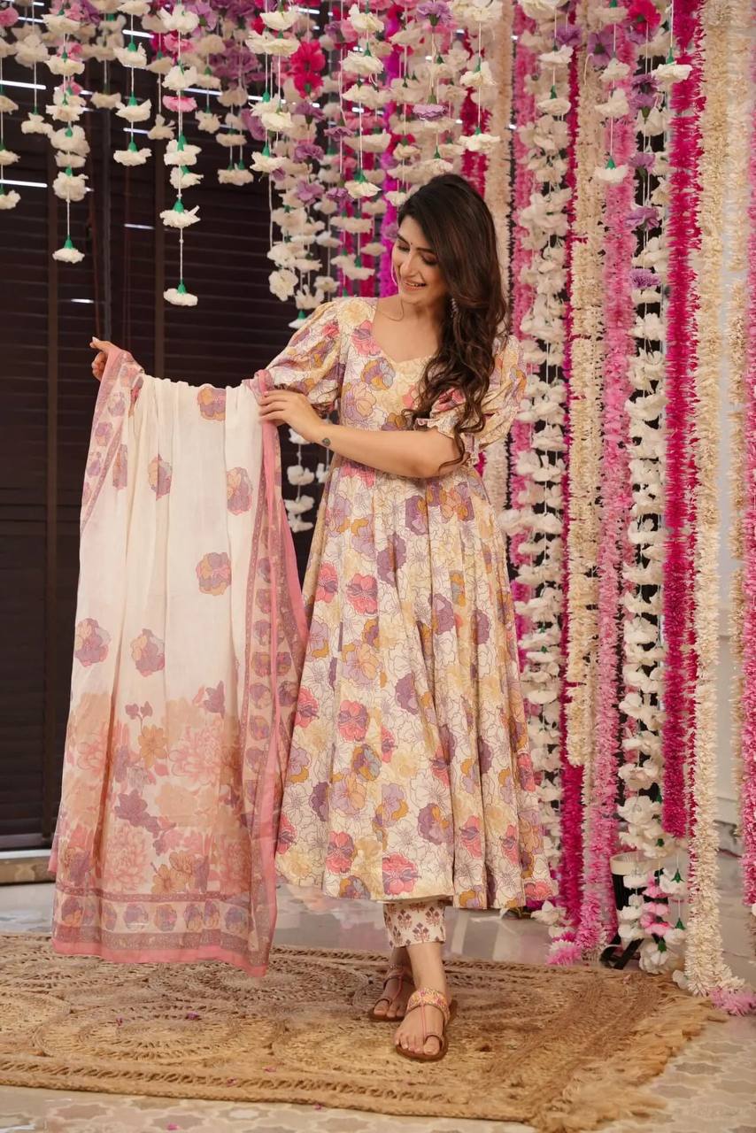 Charming Cotton Printed Off-White Anarkali Gown by Femenica | Ethereal Elegance - Femenica