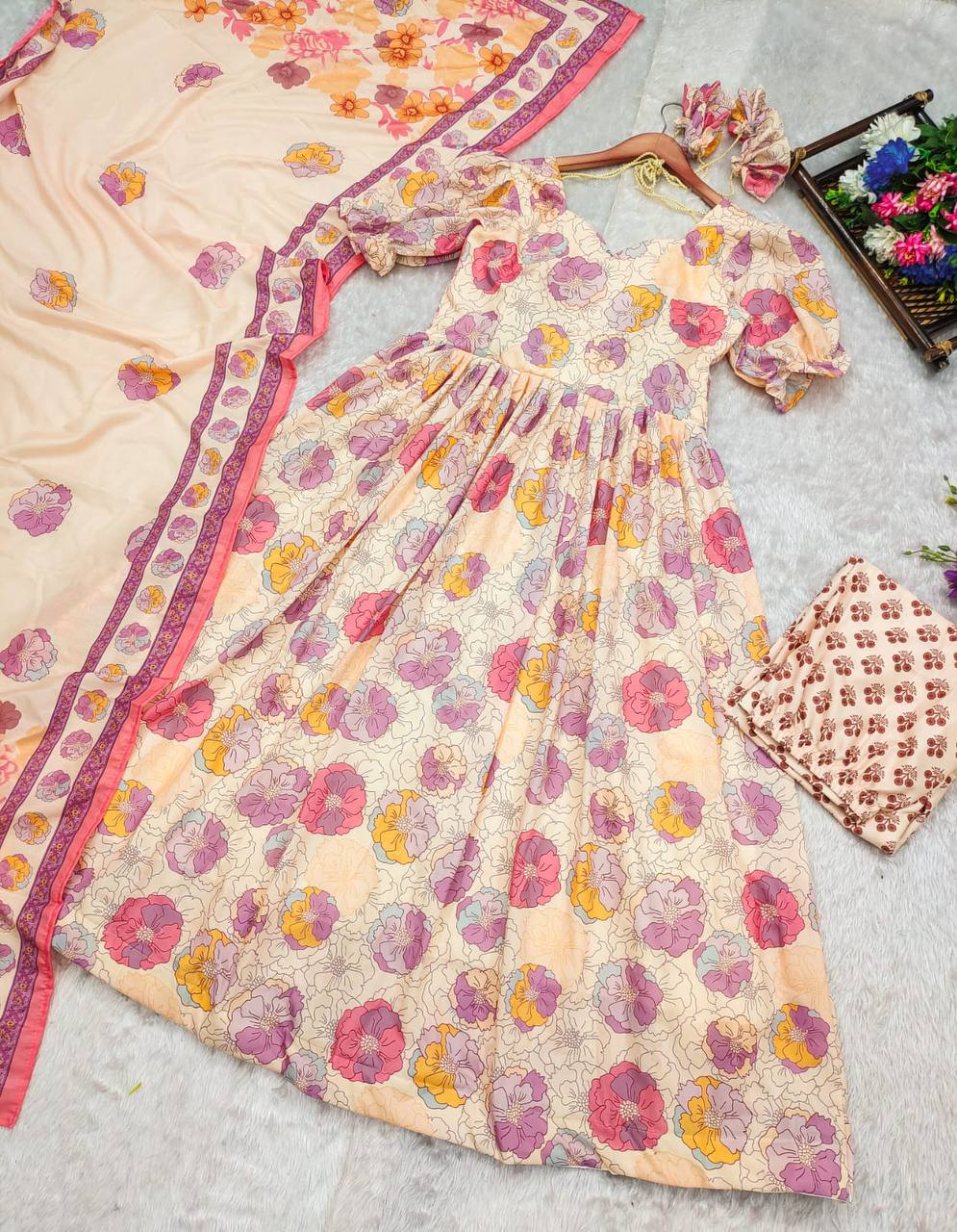 Charming Cotton Printed Off-White Anarkali Gown by Femenica | Ethereal Elegance - Femenica