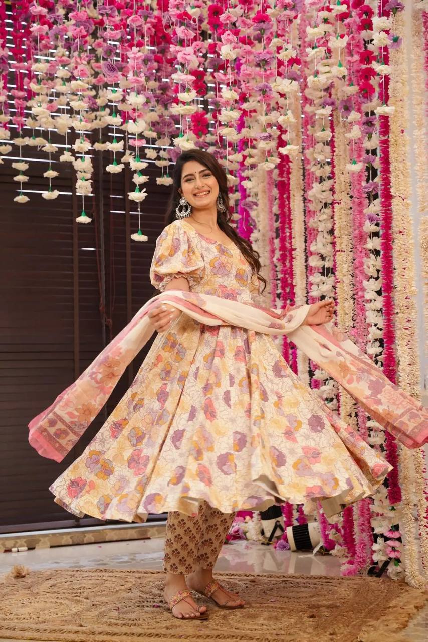 Charming Cotton Printed Off-White Anarkali Gown by Femenica | Ethereal Elegance - Femenica