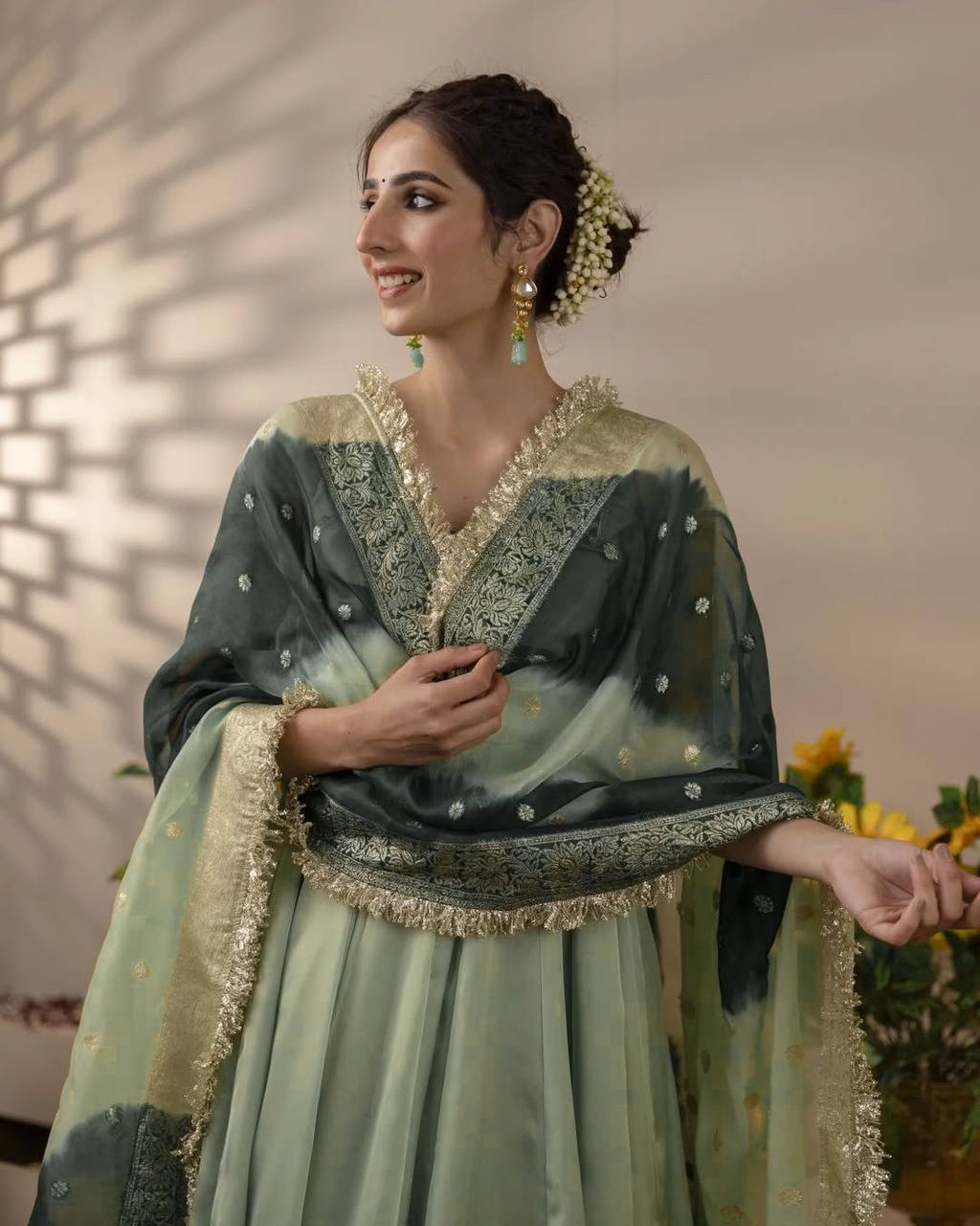 Charming Green Georgette Gown with Printed Dupatta by Femenica | Ultimate Grace