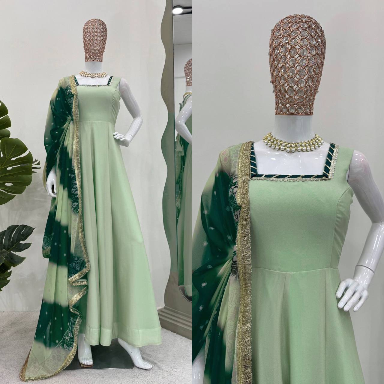 Charming Green Georgette Gown with Printed Dupatta by Femenica | Ultimate Grace