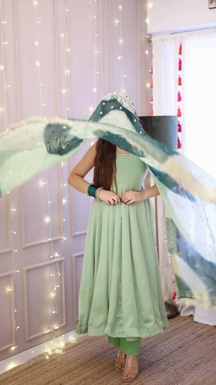 Charming Green Georgette Gown with Printed Dupatta by Femenica | Ultimate Grace