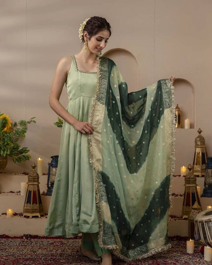 Charming Green Georgette Gown with Printed Dupatta by Femenica | Ultimate Grace