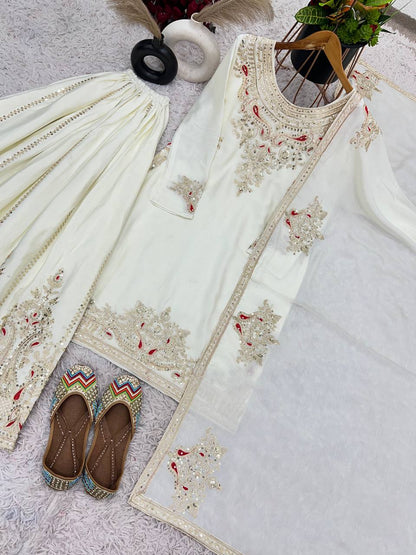 Sophisticated Chinnon Silk Embroidered White Suit with Palazzo by Femenica