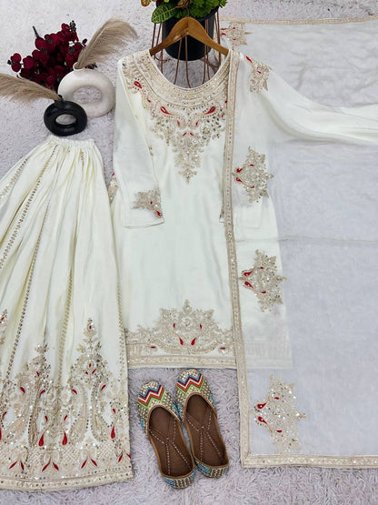 Sophisticated Chinnon Silk Embroidered White Suit with Palazzo by Femenica