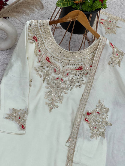 Sophisticated Chinnon Silk Embroidered White Suit with Palazzo by Femenica