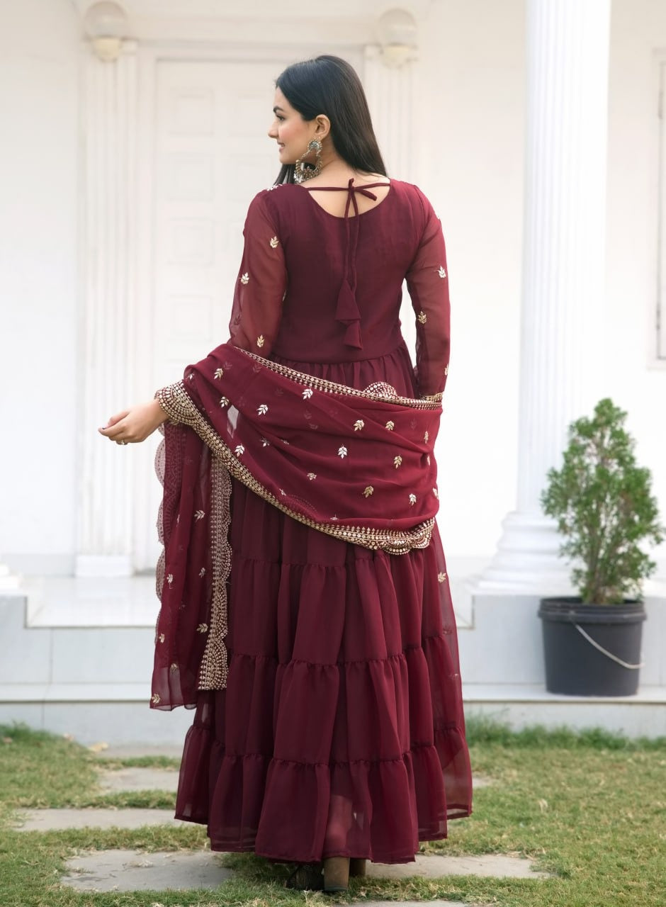 Elegant Red Georgette Embroidered Gown with Pant by Femenica