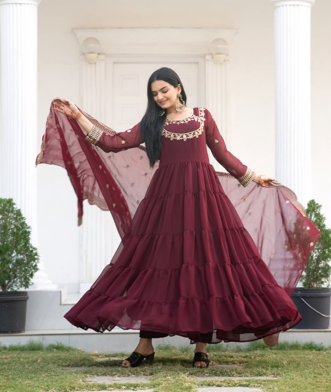 Elegant Red Georgette Embroidered Gown with Pant by Femenica