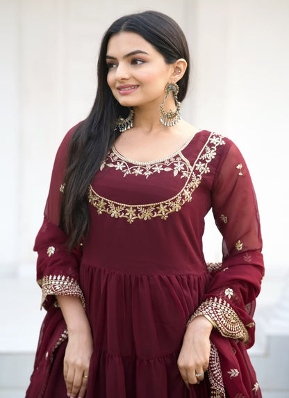 Elegant Red Georgette Embroidered Gown with Pant by Femenica