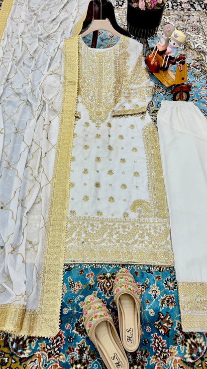 Sophisticated Chinnon Silk White Embroidered Suit with Sequins Work by Femenica