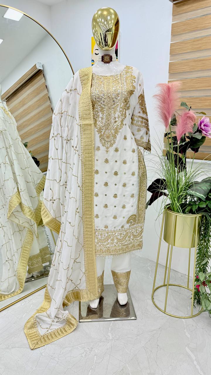 Sophisticated Chinnon Silk White Embroidered Suit with Sequins Work by Femenica