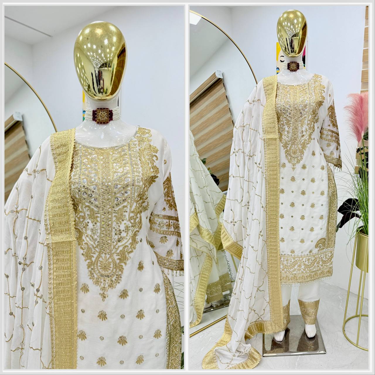 Sophisticated Chinnon Silk White Embroidered Suit with Sequins Work by Femenica