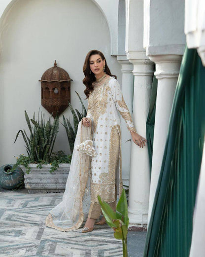 Sophisticated Chinnon Silk White Embroidered Suit with Sequins Work by Femenica