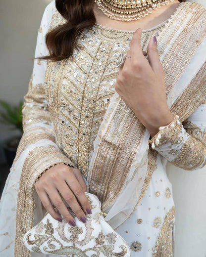 Sophisticated Chinnon Silk White Embroidered Suit with Sequins Work by Femenica