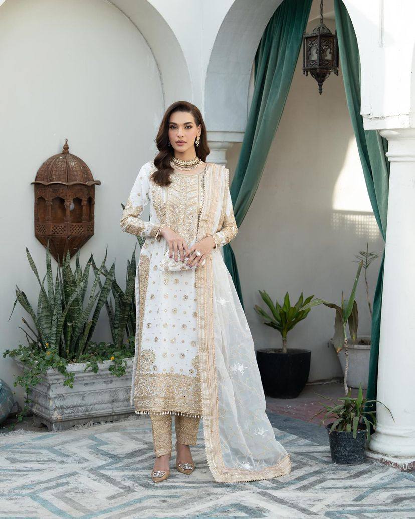 Sophisticated Chinnon Silk White Embroidered Suit with Sequins Work by Femenica