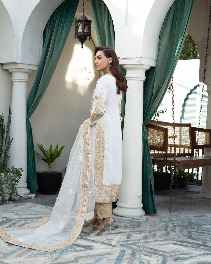 Sophisticated Chinnon Silk White Embroidered Suit with Sequins Work by Femenica