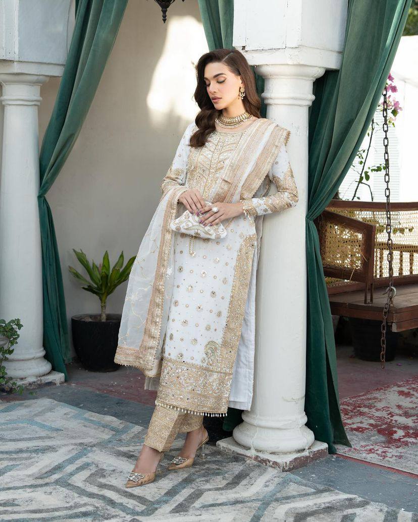 Sophisticated Chinnon Silk White Embroidered Suit with Sequins Work by Femenica