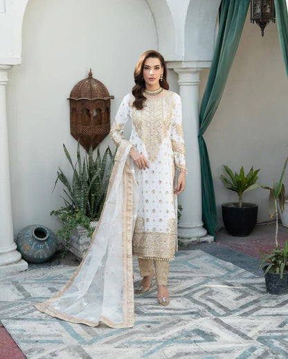 Sophisticated Chinnon Silk White Embroidered Suit with Sequins Work by Femenica