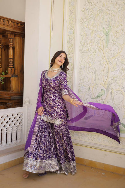 Elegant Viscose Jacquard Embroidered Gharara Suit by Femenica |Timeless Sophistication