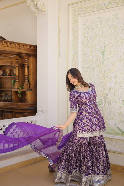 Elegant Viscose Jacquard Embroidered Gharara Suit by Femenica |Timeless Sophistication