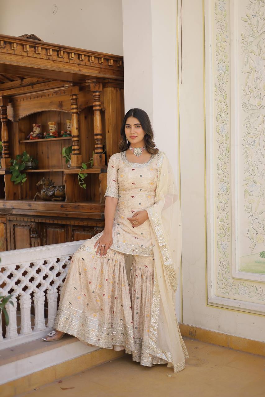 Elegant Viscose Jacquard Embroidered Gharara Suit by Femenica |Timeless Sophistication