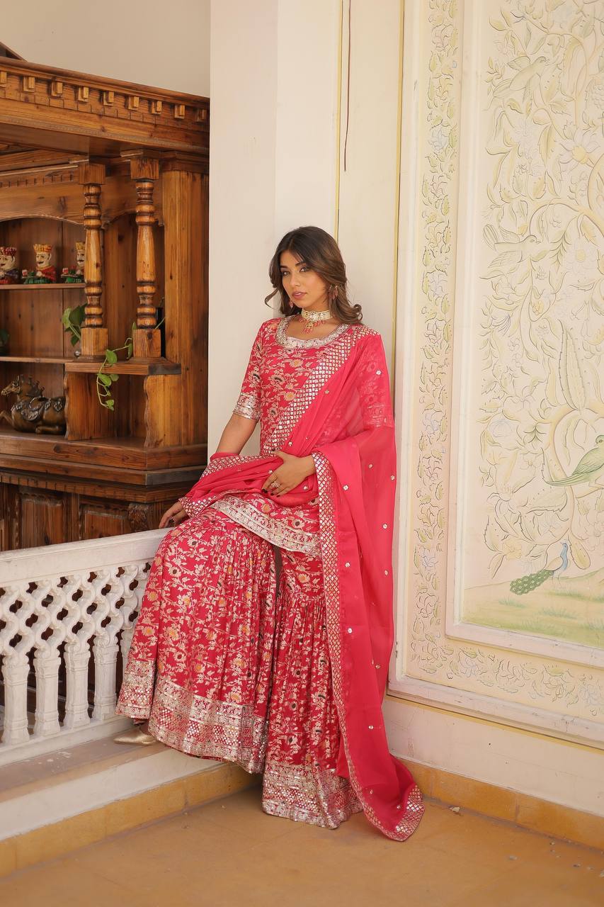 Elegant Viscose Jacquard Embroidered Gharara Suit by Femenica |Timeless Sophistication