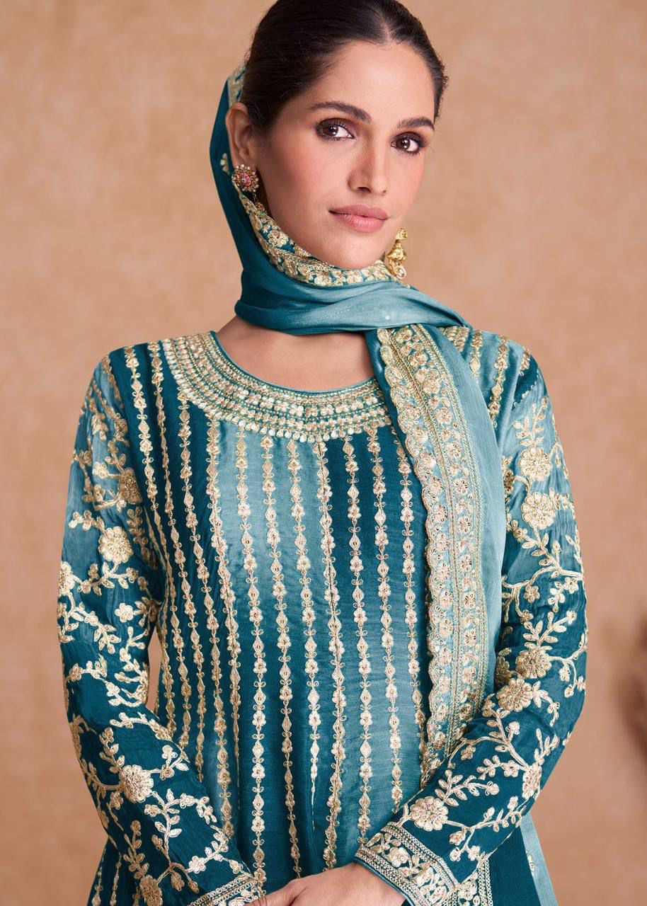 Exquisite Chinnon Silk Embroidered Suit by Femenica | Perfect Elegance