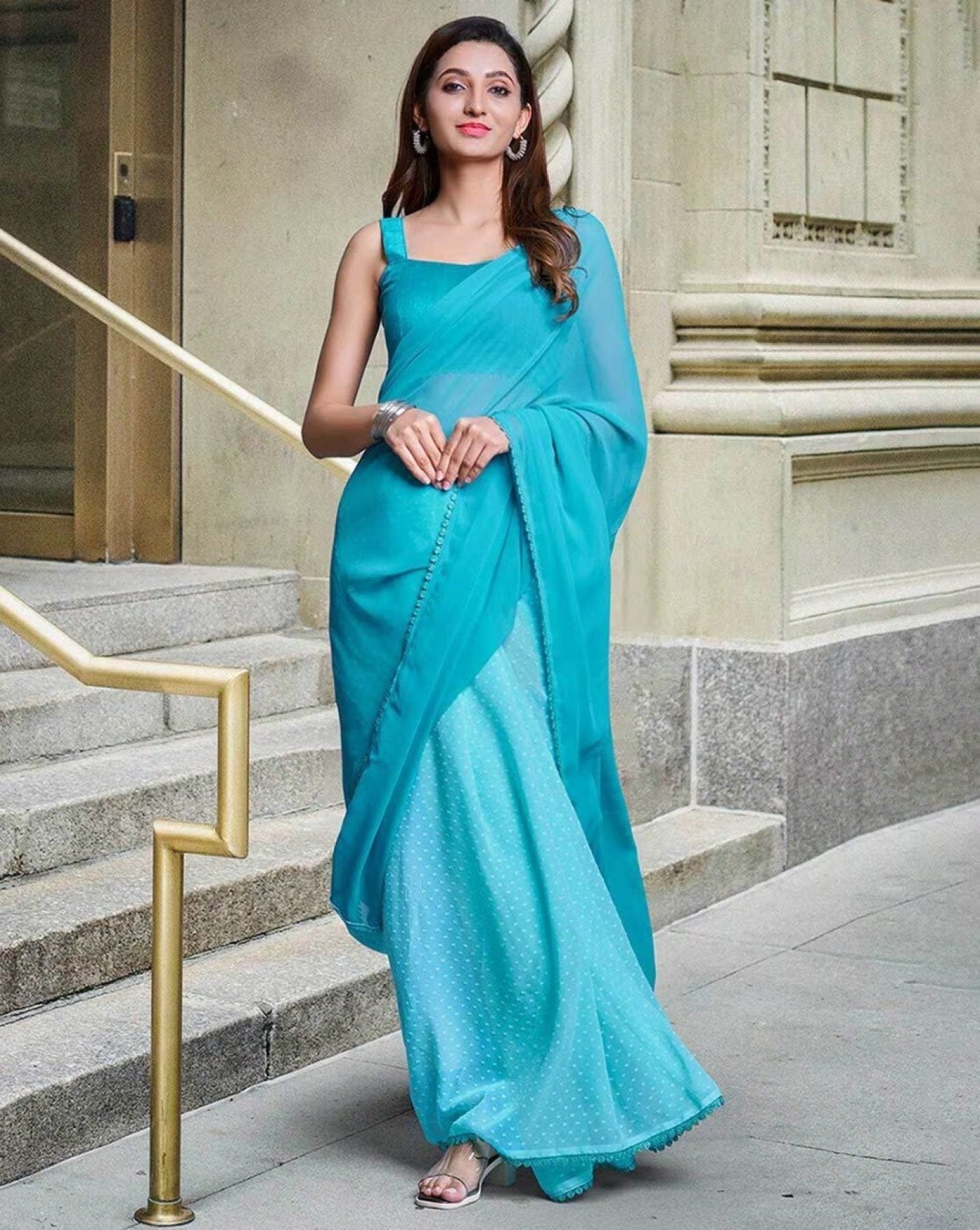 Sky Blue Georgette Saree - Femenica