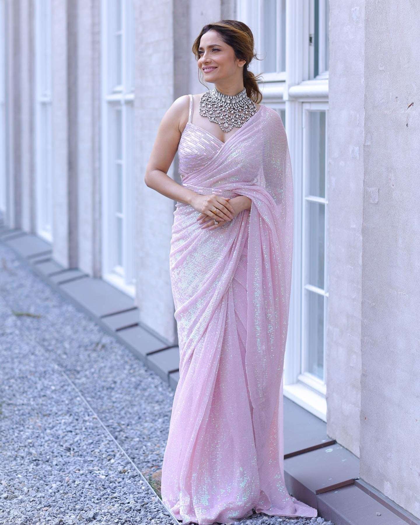 Ankita Lokhande Style Designer Pink Saree - Femenica