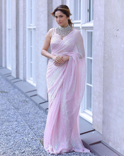 Ankita Lokhande Style Designer Pink Saree - Femenica