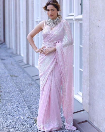 Ankita Lokhande Style Designer Pink Saree - Femenica