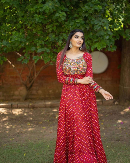 Digital Printed Red Anarkali Gown - Femenica