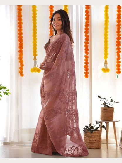 Dusty Pink Silk Saree with Cotton Thread Embroidery - Femenica