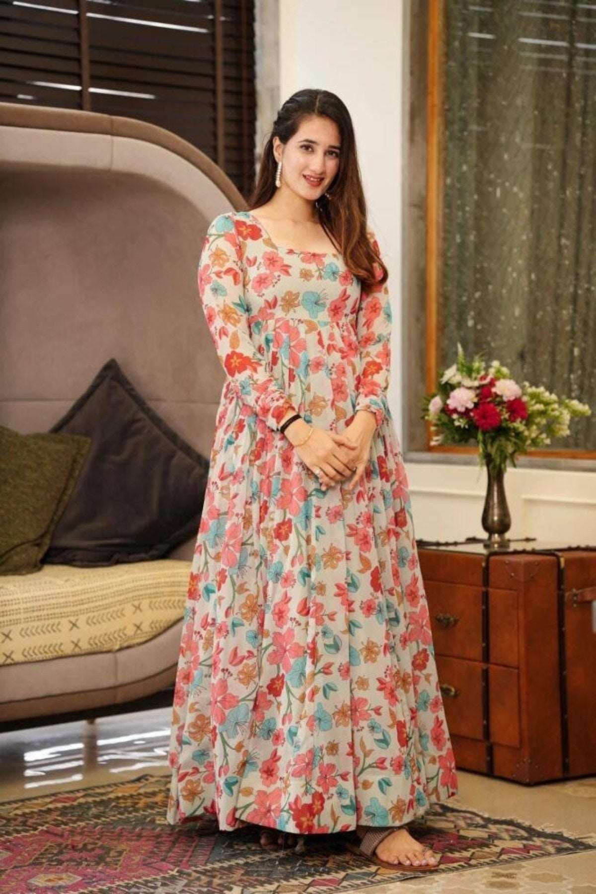 Faux Georgette Flower Printed Gown - Femenica