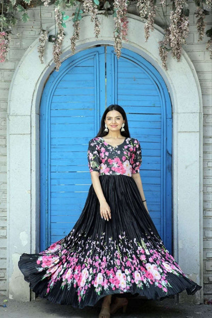 Muslin Floral Printed Gown White and Black - Femenica