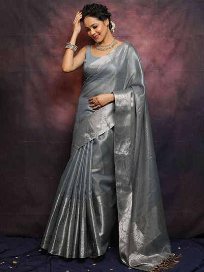 Grey Shining Tissue Silk Saree - Femenica