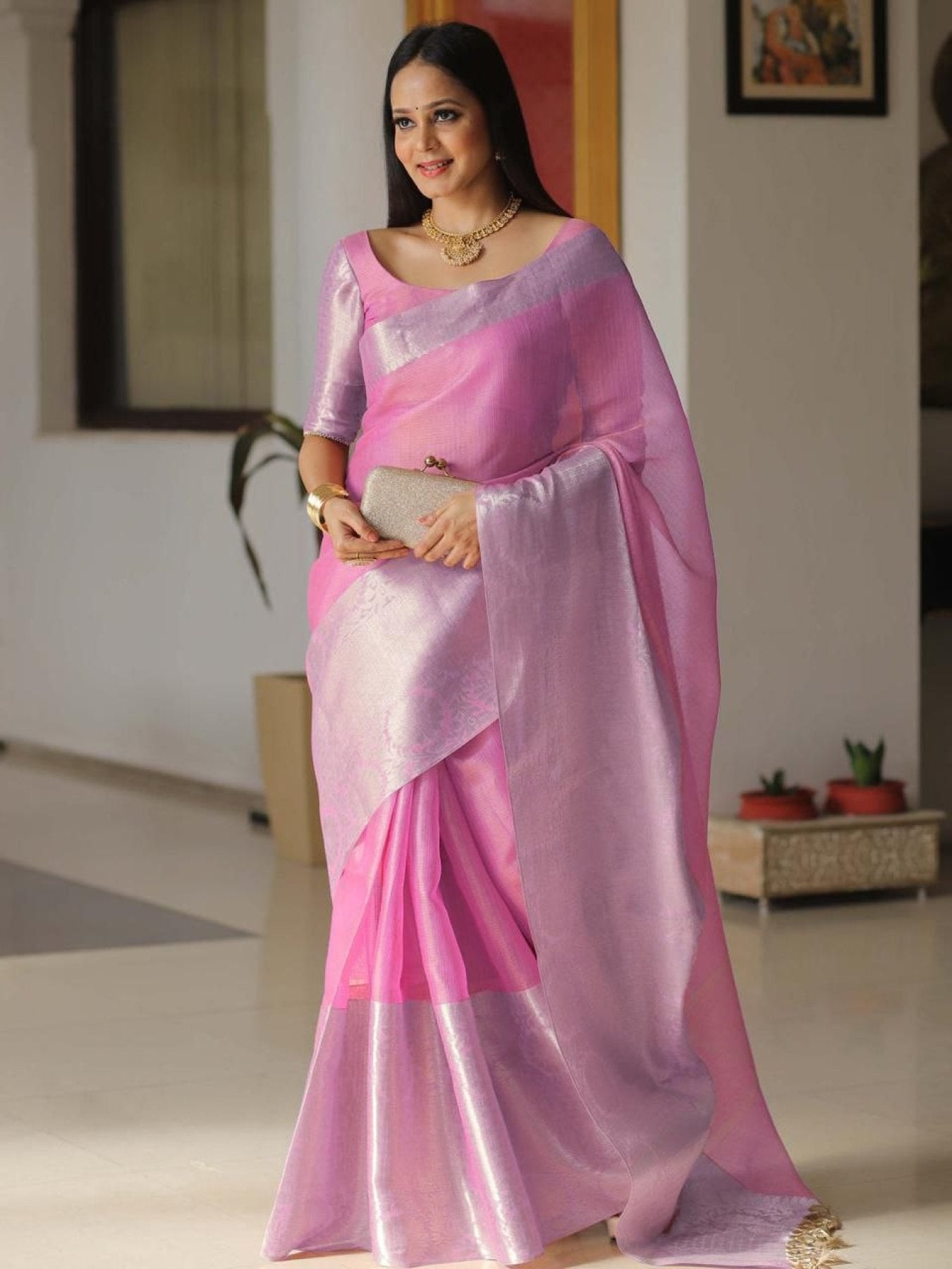 Grey Shining Tissue Silk Saree - Femenica